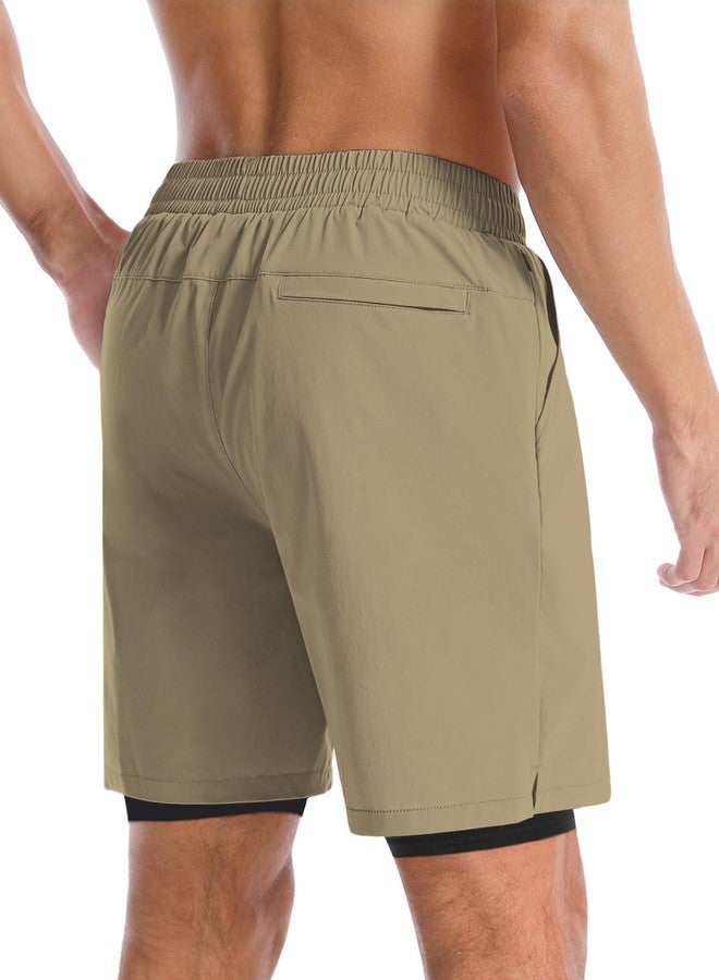 Aolesy Men’s 2 in 1 Running Shorts 7 Inch Quick Dry Workout Gym Shorts with Pockets Tennis Training Athletic Shorts with Liner for Men Khaki - Image 3